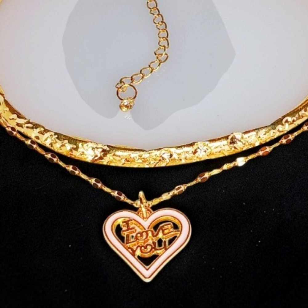 Gold Pink Enamel Heart Charm Necklace I Love You Romantic Boho Chic Girlhoodcore